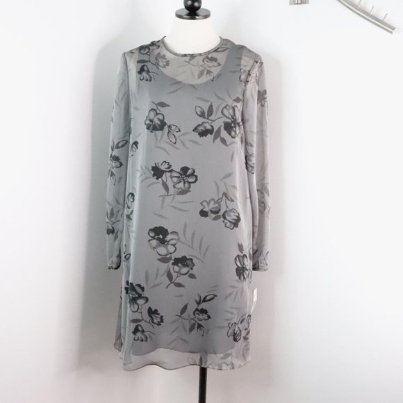 New Jones New York Women's 12 Gray Floral Semi-Sheer Chiffon Layered Shift Dress - Picture 1 of 11